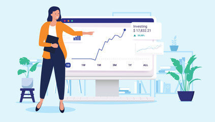 Return on investment illustration - Businesswoman investor pointing and looking at rising stock market chart on computer screen smiling and being happy with financial growth. Flat design vector