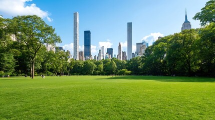 Lush green park with city skyscrapers in the background, clear skies, and space for advertising text, high-end magazine photography, deep depth of field, Product photography with high resolution,
