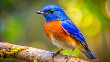 Obraz premium A Vivid Blue Bird with Orange and White Plumage Perched on a Branch with a Soft Bokeh Background