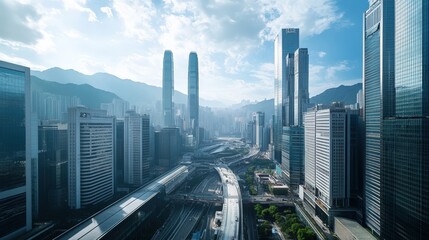 Fototapeta premium An aerial view of central business district, dominated by tall skyscrapers and modern architecture