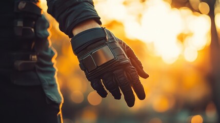 This close-up captures a hand with a joint support brace, set against a warm sunset backdrop, illustrating the focus on rehabilitation and recovery