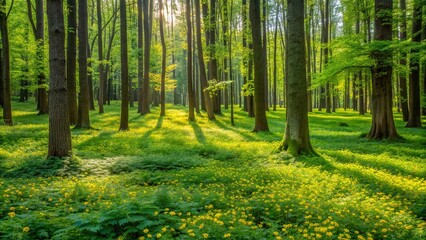 Obraz premium Sunlight Filtering Through the Canopy of a Verdant Forest, Illuminating a Carpet of Delicate Yellow Blooms