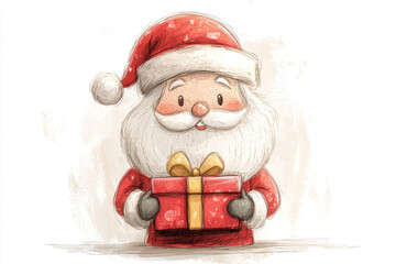 santa claus illustration, create a cute santa illustration with a gift box, showcasing warmth and joy through his friendly smile and twinkling eyes, drawn in a charming doodle style on a plain