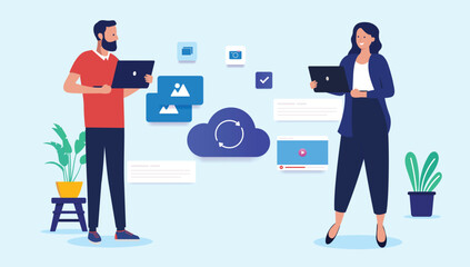 Working in the cloud - Two businesspeople using cloud technology to do teamwork holding laptop computers and cooperating online. Flat design vector illustration