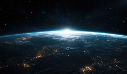 Elegant space background with planet Earth illuminated by city lights at night, blue glow on the horizon.