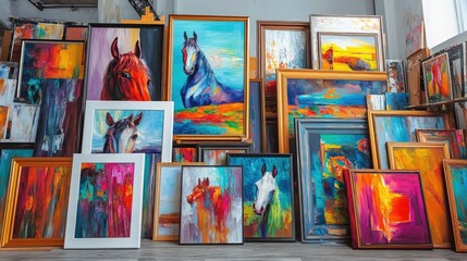 A vibrant artista??s gallery with a variety of colorful paintings in luxury frames