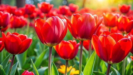 A vibrant field of crimson tulips bathed in the warm glow of the afternoon sun, showcasing the delicate petals and the vibrant green foliage beneath