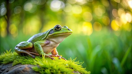 A vibrant green frog perched on a mossy rock, surrounded by lush greenery and soft bokeh, capturing the essence of tranquility in nature.