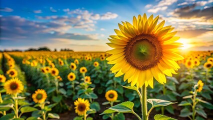 Obraz premium A vibrant sunflower stands tall in a field bathed in the golden glow of the setting sun, its petals reaching for the sky, while others in the field bask in the warm light.