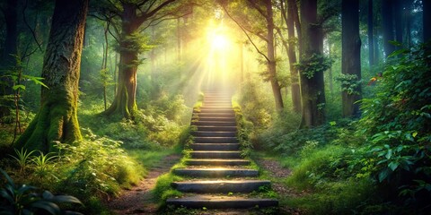 Sunbeams illuminate a stone staircase leading upward through a dense forest, inviting exploration and offering a glimpse of the ethereal beauty hidden within nature's embrace.