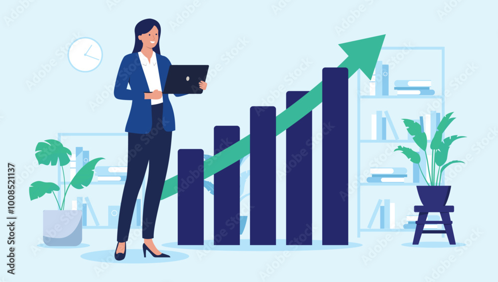 Aufkleber woman and rising chart - businesswoman character standing with laptop in front of rising diagram wit