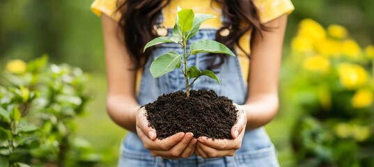 Young Woman Holding Potting Soil With Small Plant Sprout, Gardening And Environmental Concept.