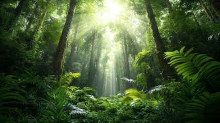 Obraz premium Sunlight streams through a dense, green rainforest canopy, illuminating the lush foliage and creating a mystical atmosphere.