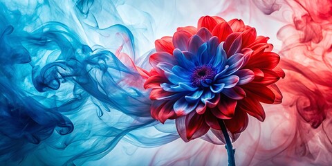 Obraz premium A solitary flower with blue petals, immersed in swirling currents of red and blue ethereal smoke, a visual symphony of color and form.