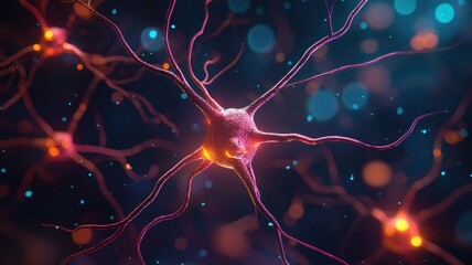 Neurons with colorful connections on a dark background, abstract and vibrant.