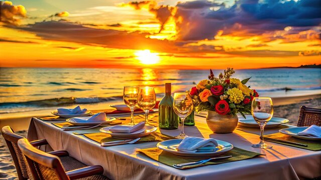 Elegant table set on a tranquil beach at sunset, showcasing a perfect coastal dining experience