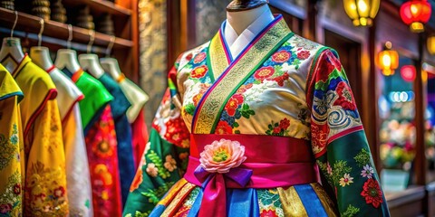 Obraz premium Elegant Traditional Hanbok Displayed on a Mannequin with Intricate Patterns and Vibrant Colors