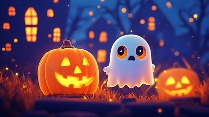 Cute Cartoon Halloween Background with Pumpkins and Ghostly Figures in Spooky Night Atmosphere