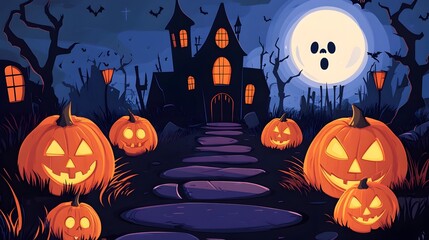 Spooky Halloween Haunted House Castle Landscape with Pumpkins and Bats in Moonlit Night