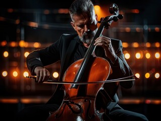 Fototapeta premium Cello player in a concert hall, dynamic and elegant, Urban, Soft tones, Photograph, Musical performance