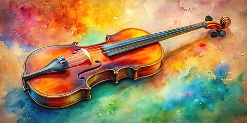 Fototapeta premium Elegant Violin in Watercolor Style, Vibrant Colors Blending Harmoniously on Textured Canvas Background