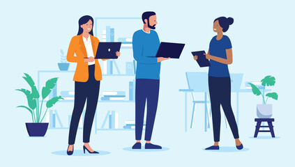 People working in office - Three people characters at office work standing holding computers talking, smiling and discussing together as a team. Flat design vector illustration