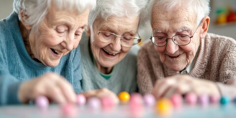 Nursing home residential activity concept. Seniors enjoying a game together, showcasing joy and connection, nursing home, fun group activity. 