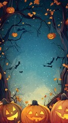 Fototapeta premium Enchanted Halloween Forest with Illuminated Pumpkins and Bats in the Moonlight