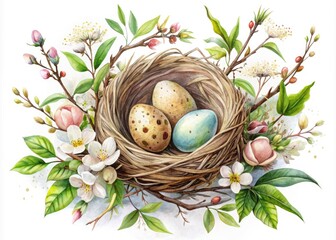 Fototapeta premium Elegant Watercolor Illustration of a Bird Nest with Eggs Surrounded by Delicate Floral Elements