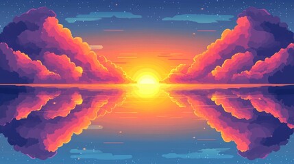 Sunset over a calm ocean with clouds reflected in the water.