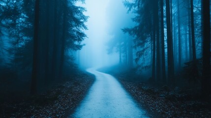 Fototapeta premium Mysterious blue-toned forest pathway, enveloped in dark fog, autumn chill permeating the air, towering trees loom overhead, inviting exploration into the unknown