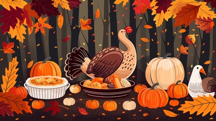 Thanksgiving dinner, pumpkins, turkeys, autumn leaves, family gathering, cornucopia, pies, flat design illustration