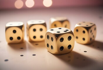 A set of gold-colored dice with black dots, showing various numbers from one to six
