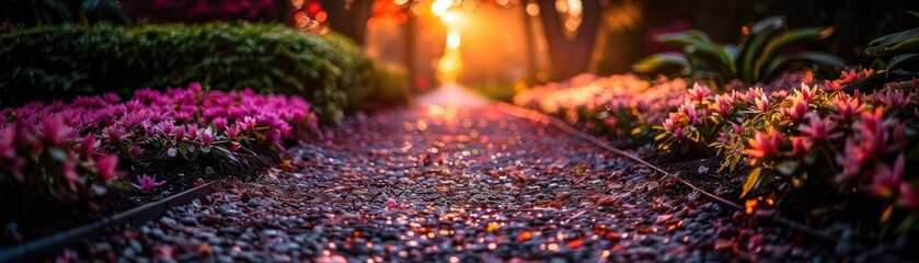 Garden path with blooming flowers, serene and inviting, Botanical, Soft greens, Photograph, Natural beauty