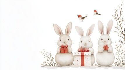 Obraz premium Charming Christmas Bunnies with Gifts and Birds, a whimsical watercolor illustration capturing the joy of the New Year and the spirit of celebration and togetherness.