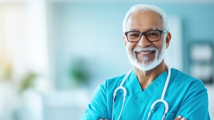 Cheerful senior doctor or physical therapy nurse in a nursing home in scrubs smiling confidently with stethoscope, bright hospital background. Nursing home residential care concept.