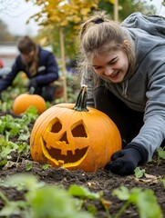 Smiling Woman Carving a Festive Pumpkin in an Autumn Community Garden