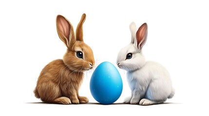 Fototapeta premium Cute Playful Rabbits with Blue Easter Egg 