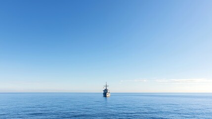 Fototapeta premium Navy ship sailing through calm waters with a clear blue sky, ample copy space for text, high-end magazine photography, deep depth of field, Product photography with high resolution, studio lighting,