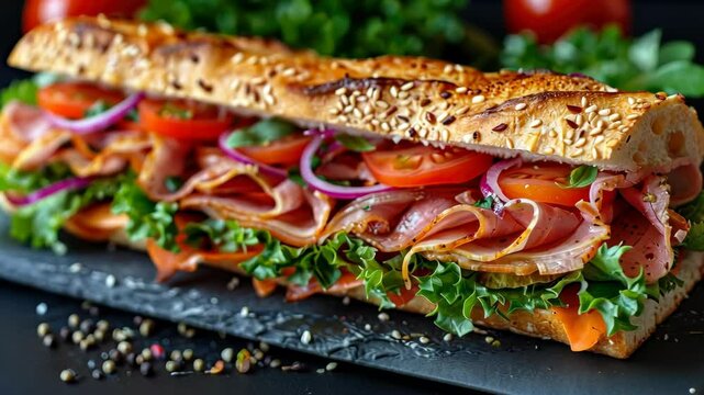 A delightful sub sandwich, packed with fresh vegetables, meats, and herbs, is showcased against a vibrant backdrop