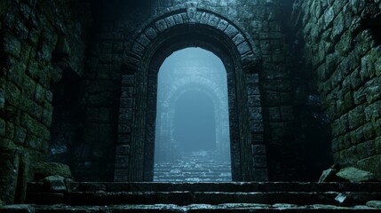 Fantasy temple gate, ancient stone archway adorned with intricate carvings, overgrown with vines, mystical atmosphere, soft ethereal light illuminating hidden paths, enchanting scene.