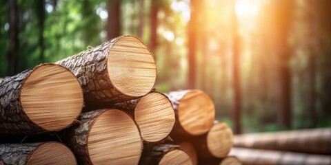 Freshly cut timber logs piled in a sunlit forest with golden rays filtering through the trees. Forestry and environmental conservation concept