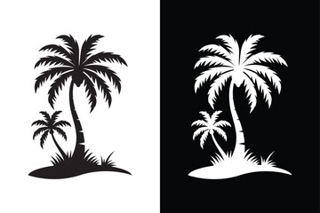 Coconut Tree Silhouette Vector Icon With Black And White Contrast.