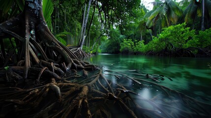 Fototapeta premium Mangrove forest with intertwining roots, serene and lush, Nature, Soft greens, Photograph, Coastal ecosystem