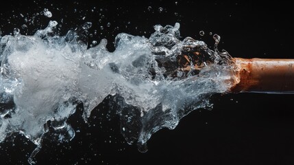 Water bursts dramatically from a broken pipe, creating a chaotic spray in an urban environment. The rupture indicates significant plumbing failure that needs urgent attention