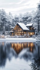 Obraz premium Winter House On Lake With Reflection. Luxury Living, Scenic Tranquility, And Lakefront View At Dusk.