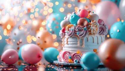 Milestone celebration with balloons and cake, festive and joyful, Urban, Bright hues, Photograph, Special occasion