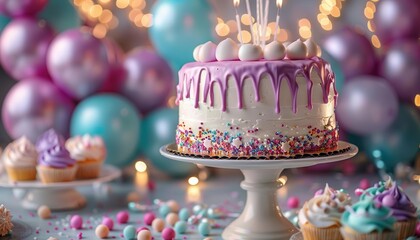 Milestone celebration with balloons and cake, festive and joyful, Urban, Bright hues, Photograph, Special occasion