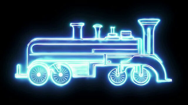 Steam locomotive 3D retro model  , bright neon lights on a black background. Generative AI

