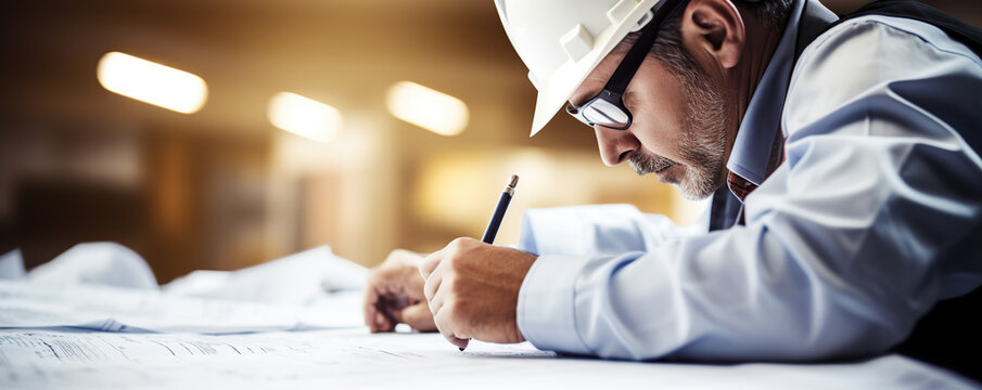 Construction supervisor reviewing blueprints at a job site in the early morning